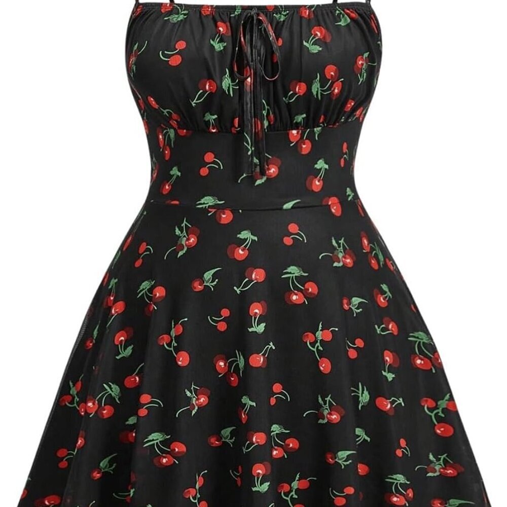 Women's Plus Size Cherry Print Cami Dress Spaghetti Strap Flared Hem